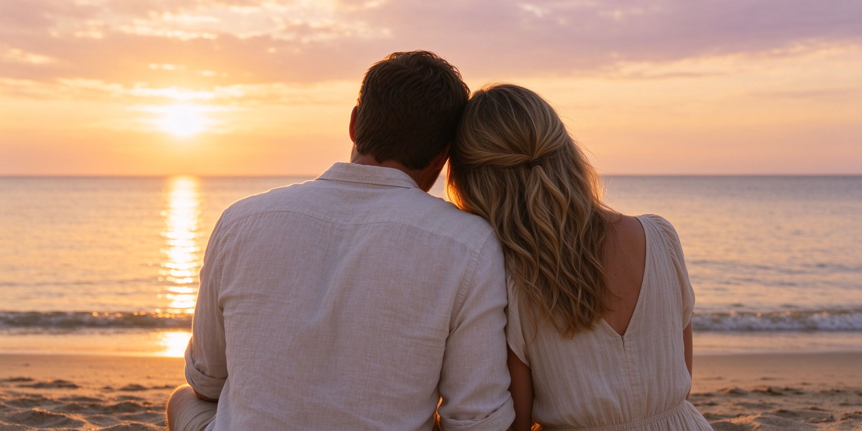 A couple sitting together on a beach at sunset, leaning gently on each other in a posture of safety and trust