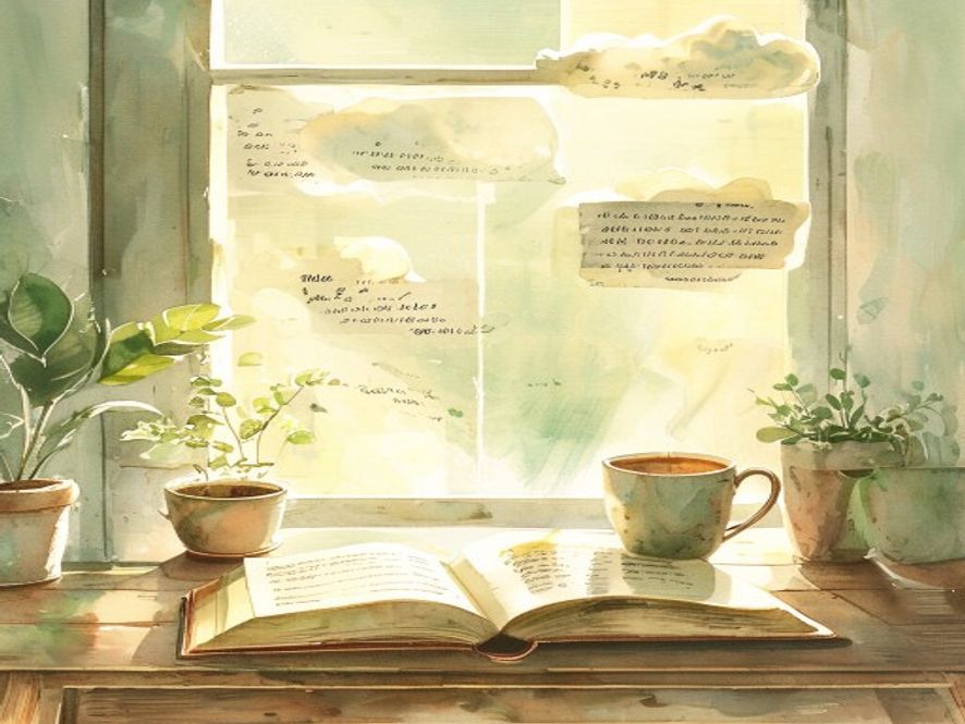 Warm watercolor illustration of a journal with labeled emotion words, soft morning light