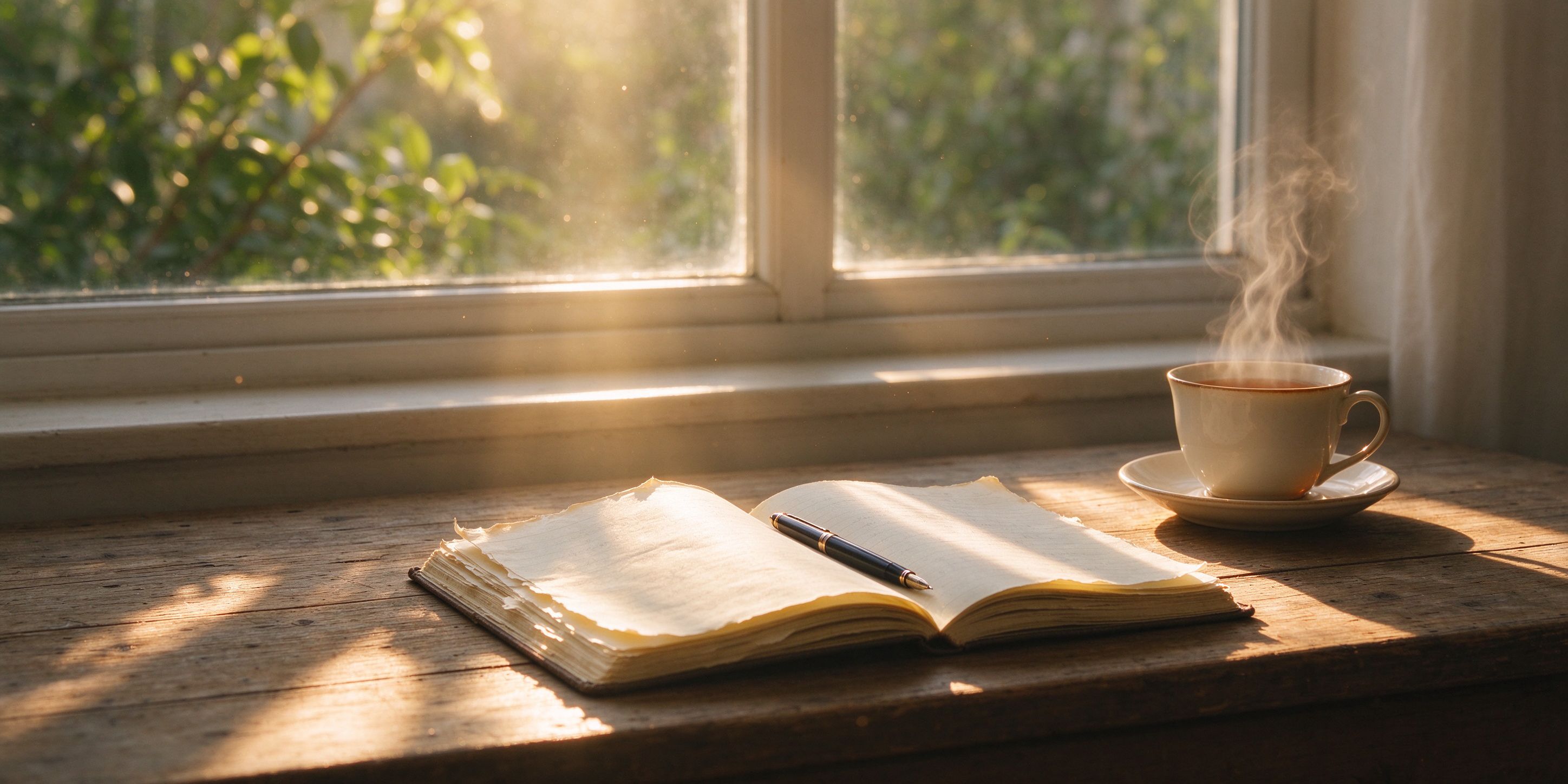 An open notebook and a cup of tea on a wooden table by a sunlit window