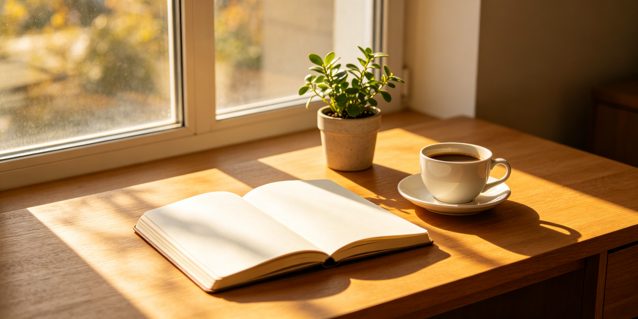 Golden morning sunlight streaming through a window onto a wooden desk with an open journal, a cup of coffee and a small green plant — the quiet hopeful start of a new day