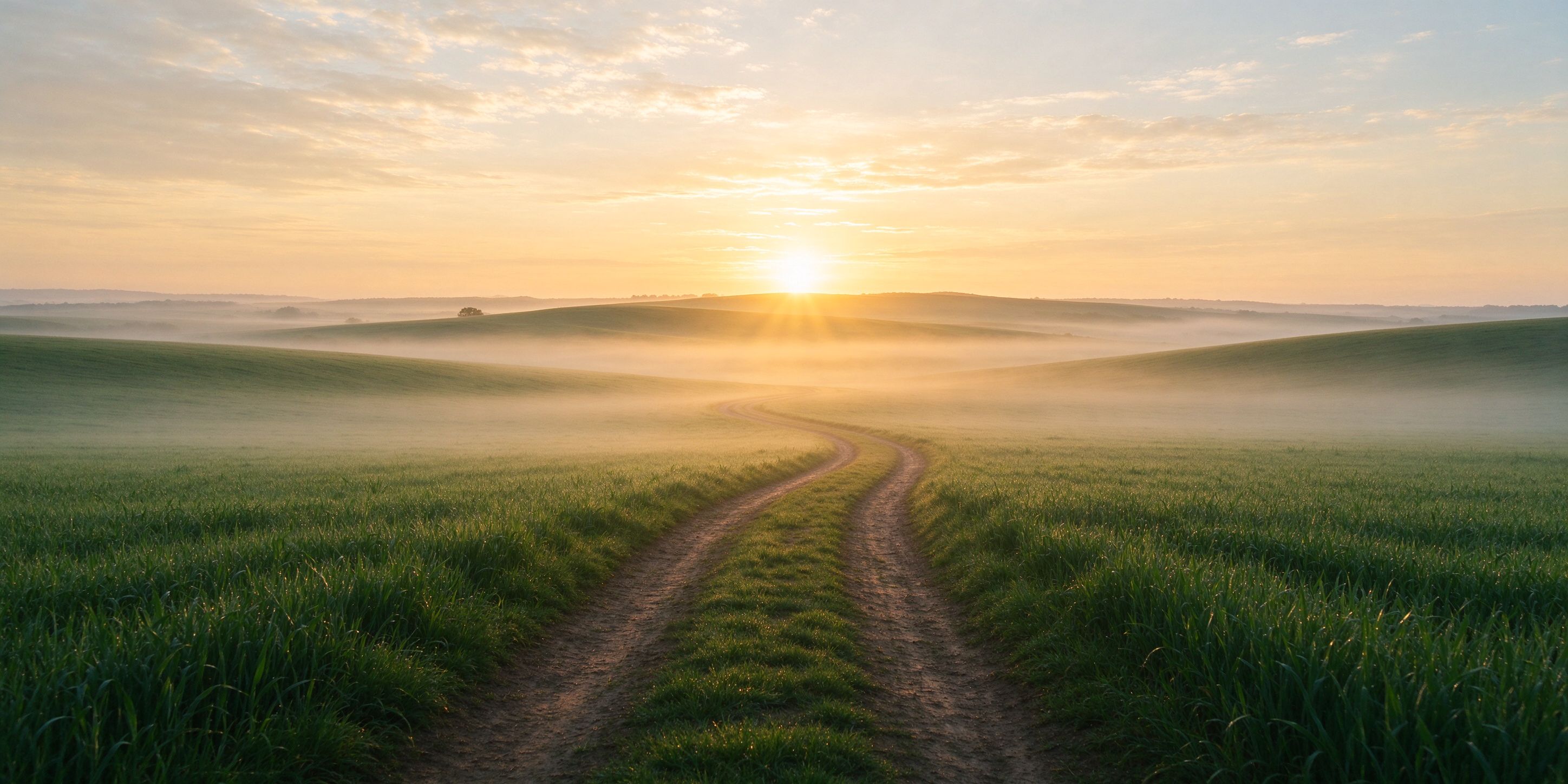 A winding path through misty fields toward a golden sunrise on the horizon