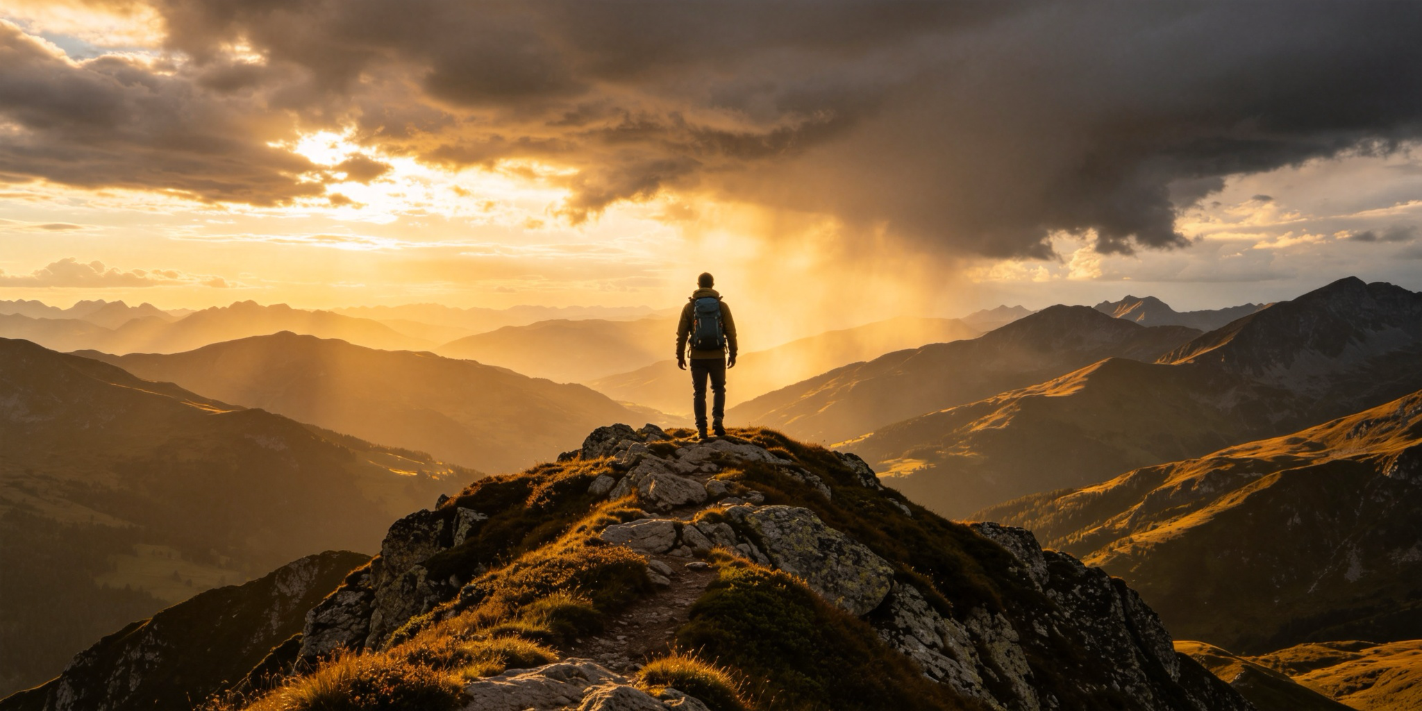 A lone hiker standing on a rocky mountain ridge at golden hour after a storm, warm sunlight breaking through parting clouds, a landscape of rolling hills and distant peaks