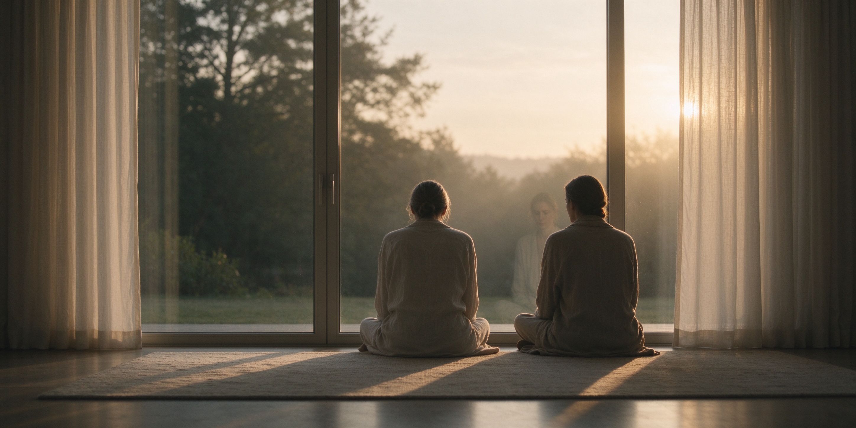 A person seen from a quiet distance sitting by a large window at dawn, with a faint reflection in the glass, observing themselves from afar