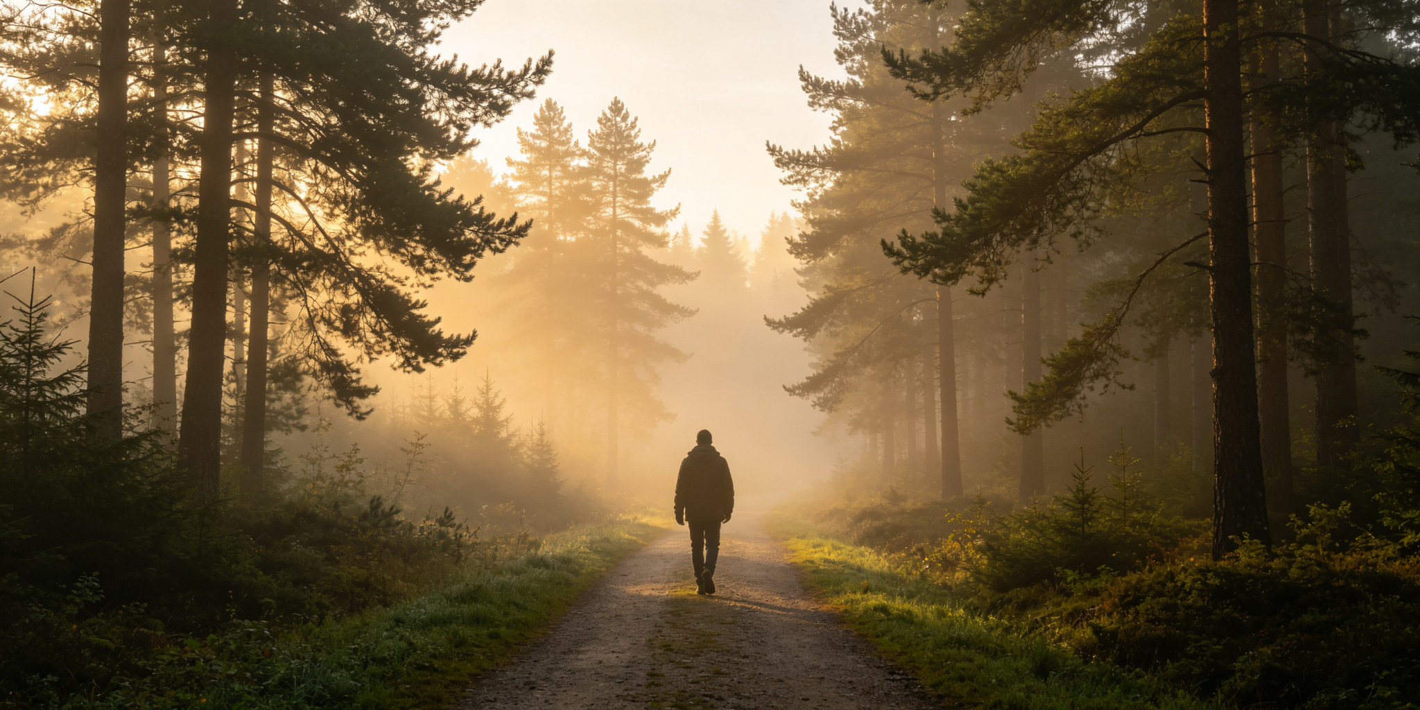 A lone person walking on a misty forest path at dawn, the trail disappearing into soft golden fog, tall pine trees fading into the light